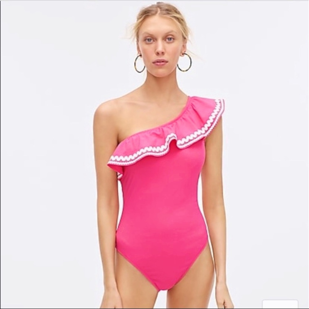 Pink Sz 12 JCrew Ruffle One-Shoulder Swimsuit NWT